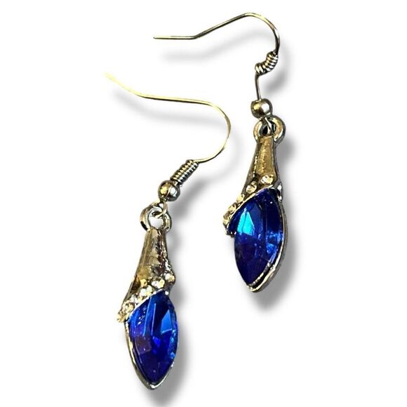 Blue Tulip-Inspired Dangle Earrings – 1.5”, Silver Tone with Clear Rhinestones - Picture 3 of 7